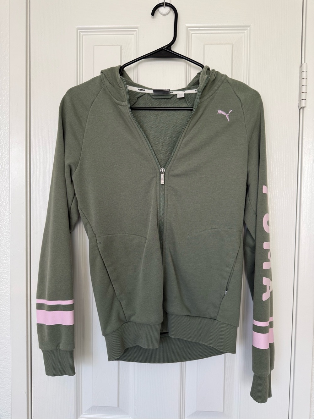 Puma Olive Green Hoodie Jacket with Pink Accents